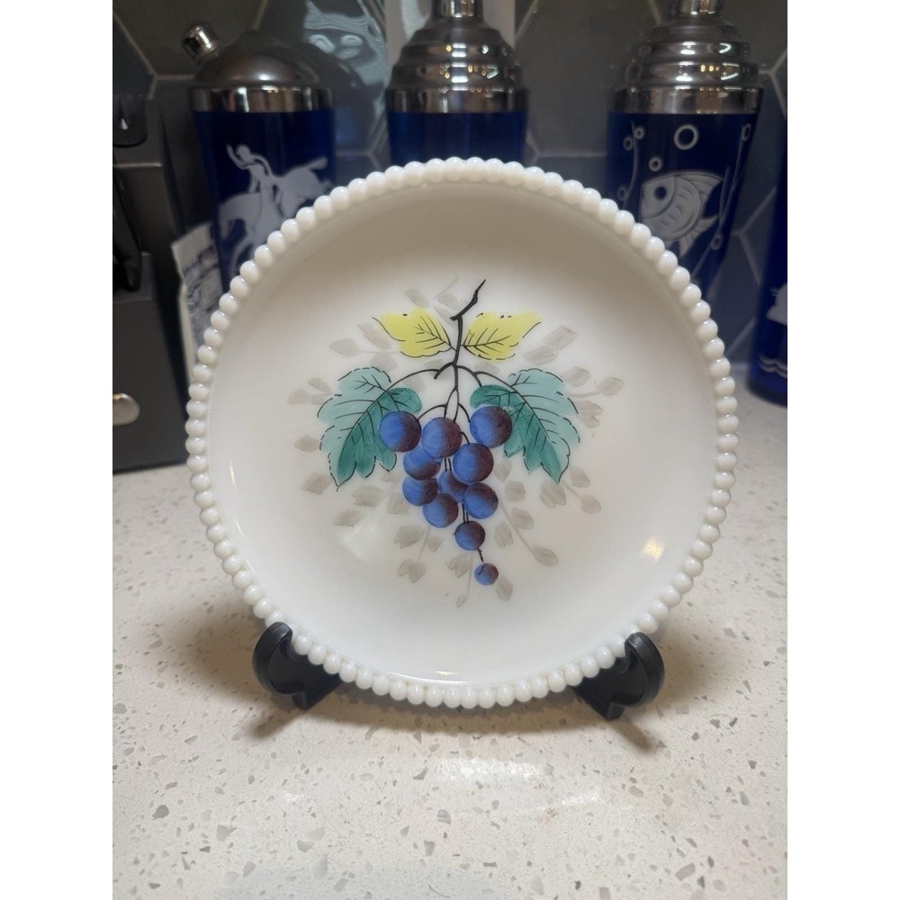 Westmoreland Beaded Edge Hand Painted Grape Fruit Plate Milk Glass